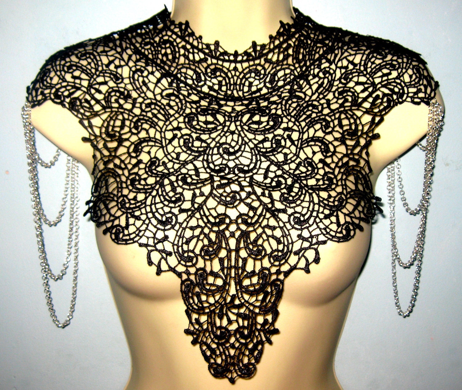 Steampunk lace collar black bib detachable collar necklace with silver chain epaulets epaulettes BODY TATTOO