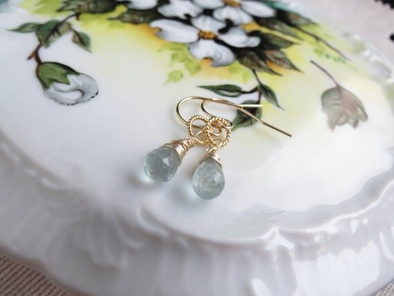 Natural Blue Aquamarine Wire Wrapped Gold Earrings
