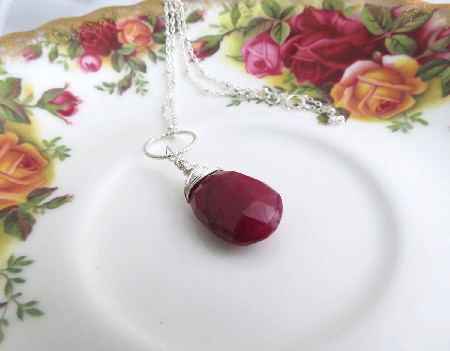 Wire Wrapped Ruby Silver Necklace