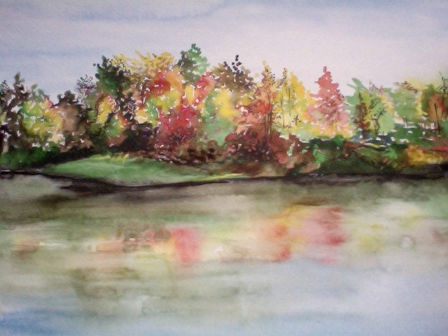 CIJ Fall colors Lake Reflection Original Watercolor Art