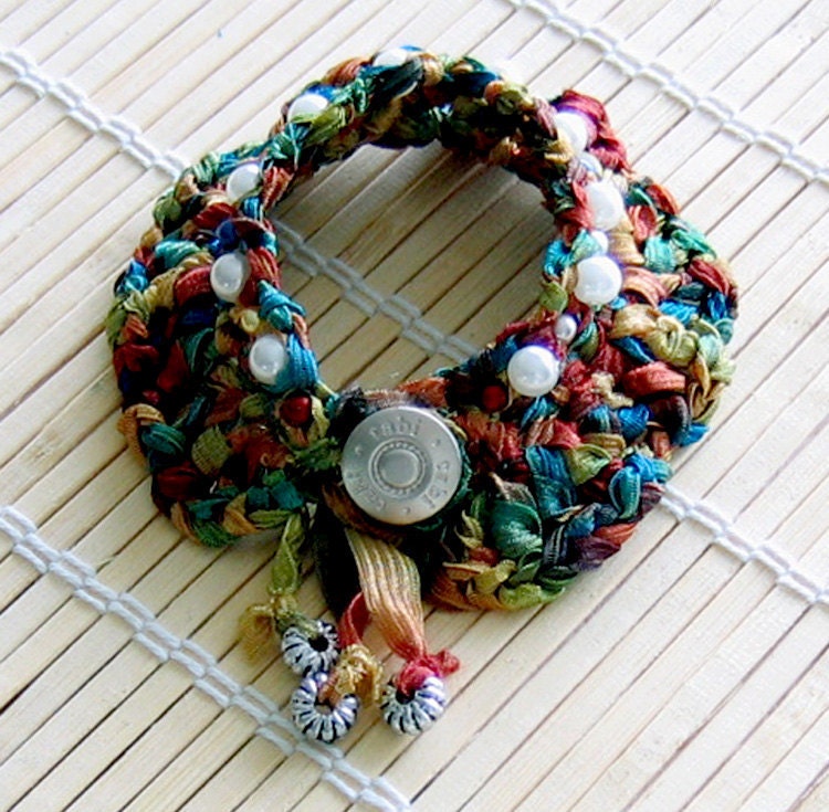 Fancy Crochet Style Cuff Bracelet, Rainbow Color with Decorative Beads and Pearls (B007018)