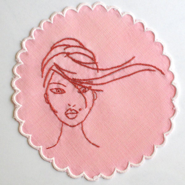 Pink Embroidered Cocktail Napkin, Coaster, Doily - Ladies Who Like Liquor - Fawn