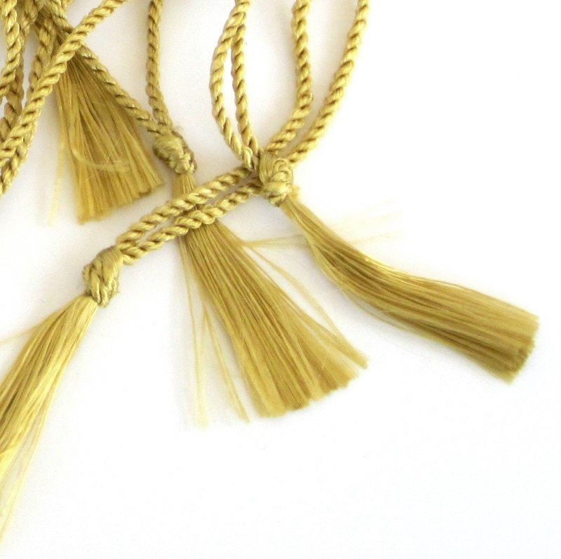 Small Tassels on Cords Gold for Bookmarks, Assemblage or Dollmaking Set of Ten
