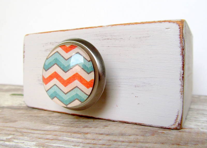 Chevron Zigzag Teal Orange Round Glass and Metal Knob