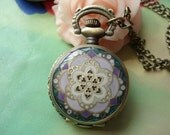 Small Antique Bronze Vintage Filigree Painted Light Purple Lucky Flowers with Diamond Jewel Round Pocket Watch Locket Pendants Necklaces