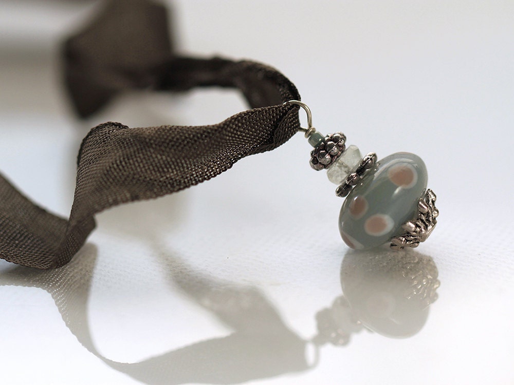 Ribbon Bead Necklace. Handmade Jewellery with Aquamarine gemstone and glass pendant. Great gift idea - VintageRoseShop