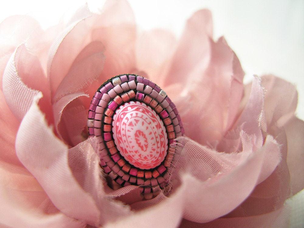 Mosaic Ring. Statement ring  in honeysuckle pink, coral, lilac and orchid. 'Faded Rose' Romantic Ring
