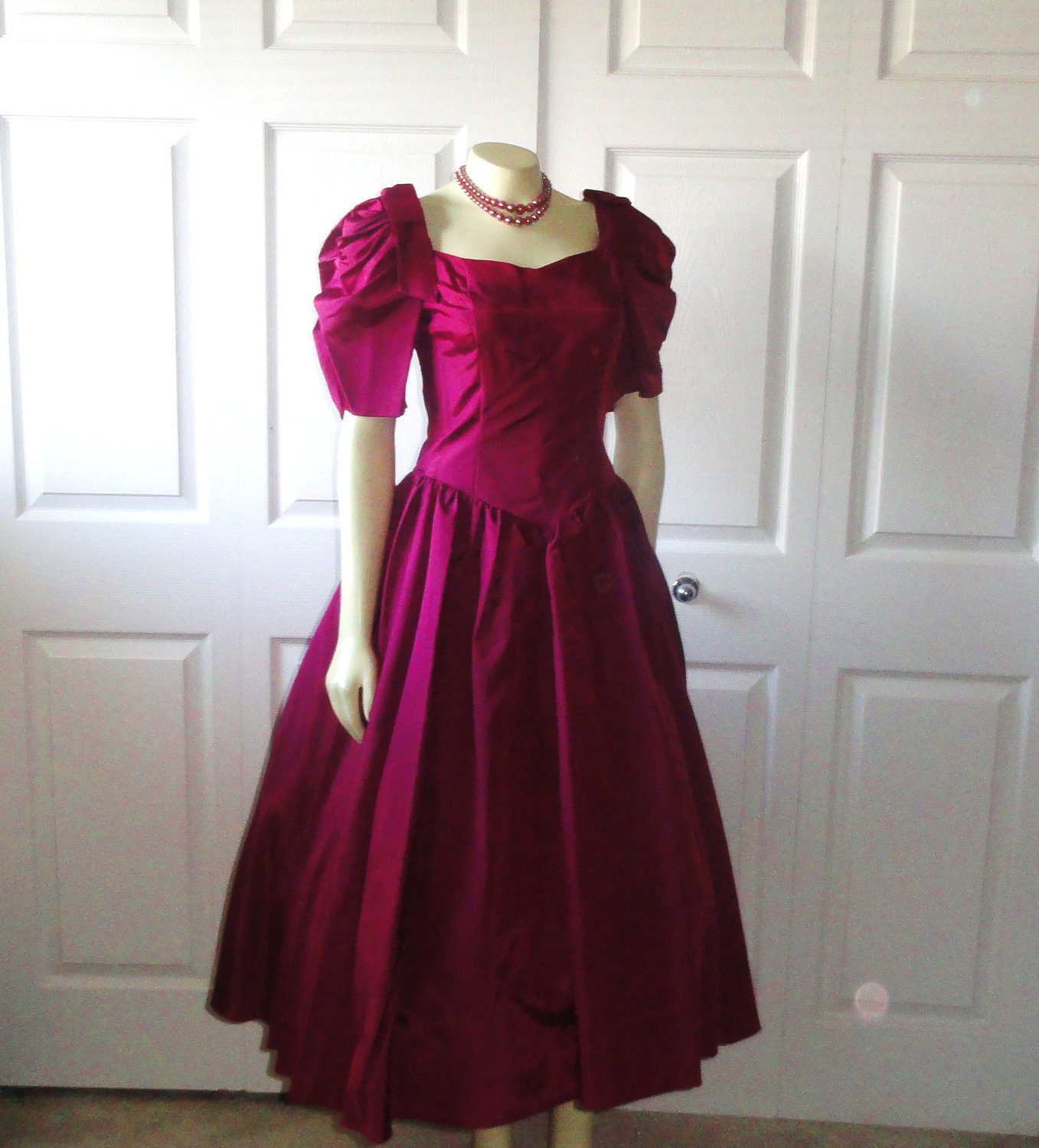 Vintage Dress 60s Princess Evening Gown Grape Purple Poof Sleeves Sweetheart Neck
