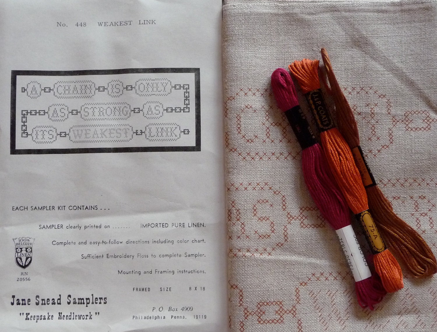 Jane Snead Samplers 448  Weakest Link Vintage Stamped Cross Stitch Kit