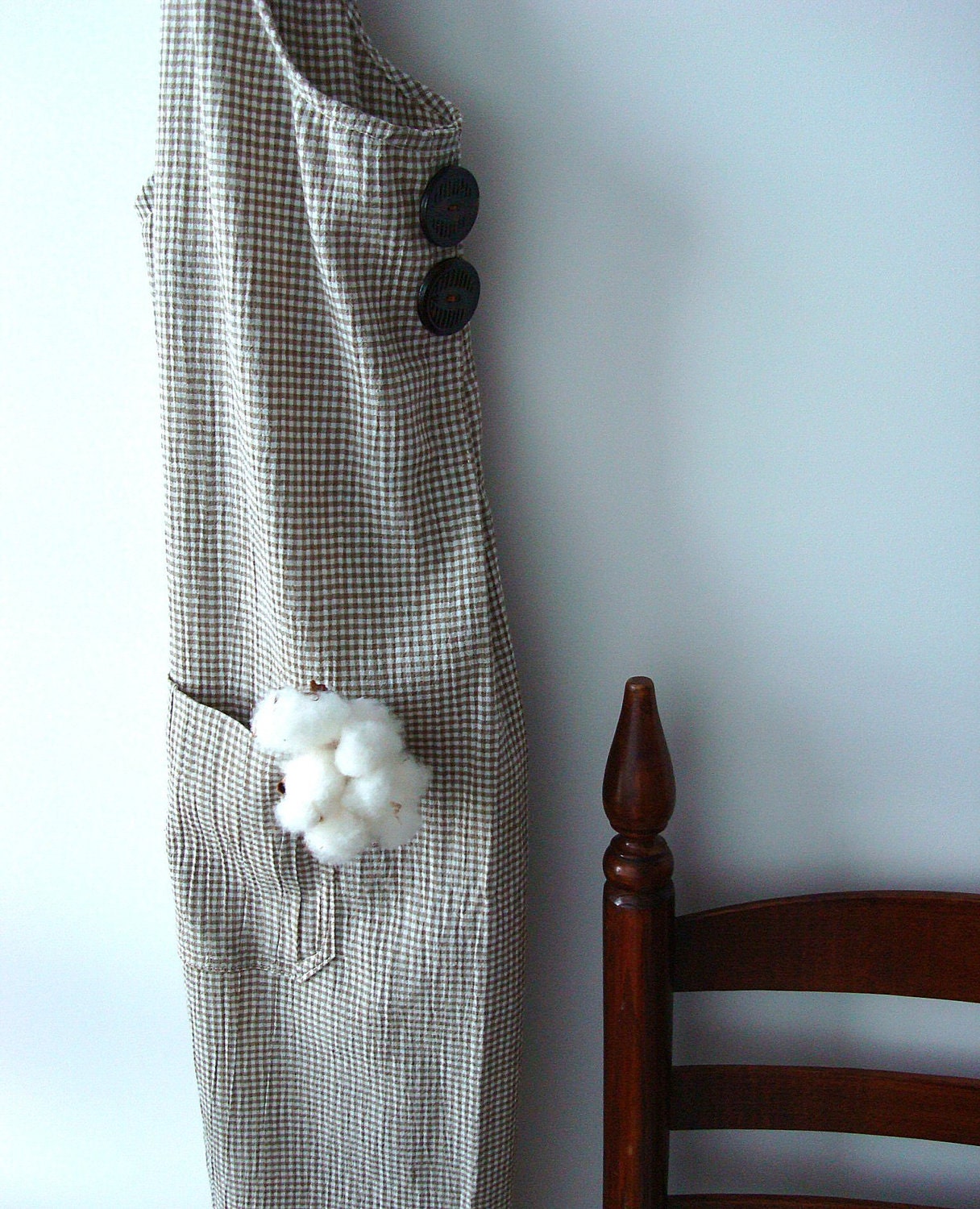 Apron, Farmhouse Apron, Tan, white check, Antique Buttons, Large - 38-40, gift, gifts for her, hostess gift, under 50