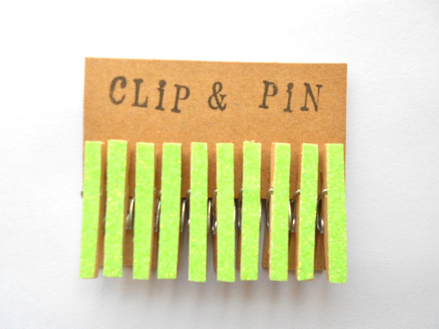 Neon Green Glitter Clothespins - Set of 10 - Small