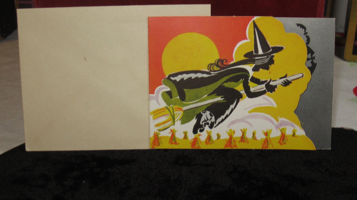 1940's Die cut Halloween party invitation wicked witch riding broom unused with envelope