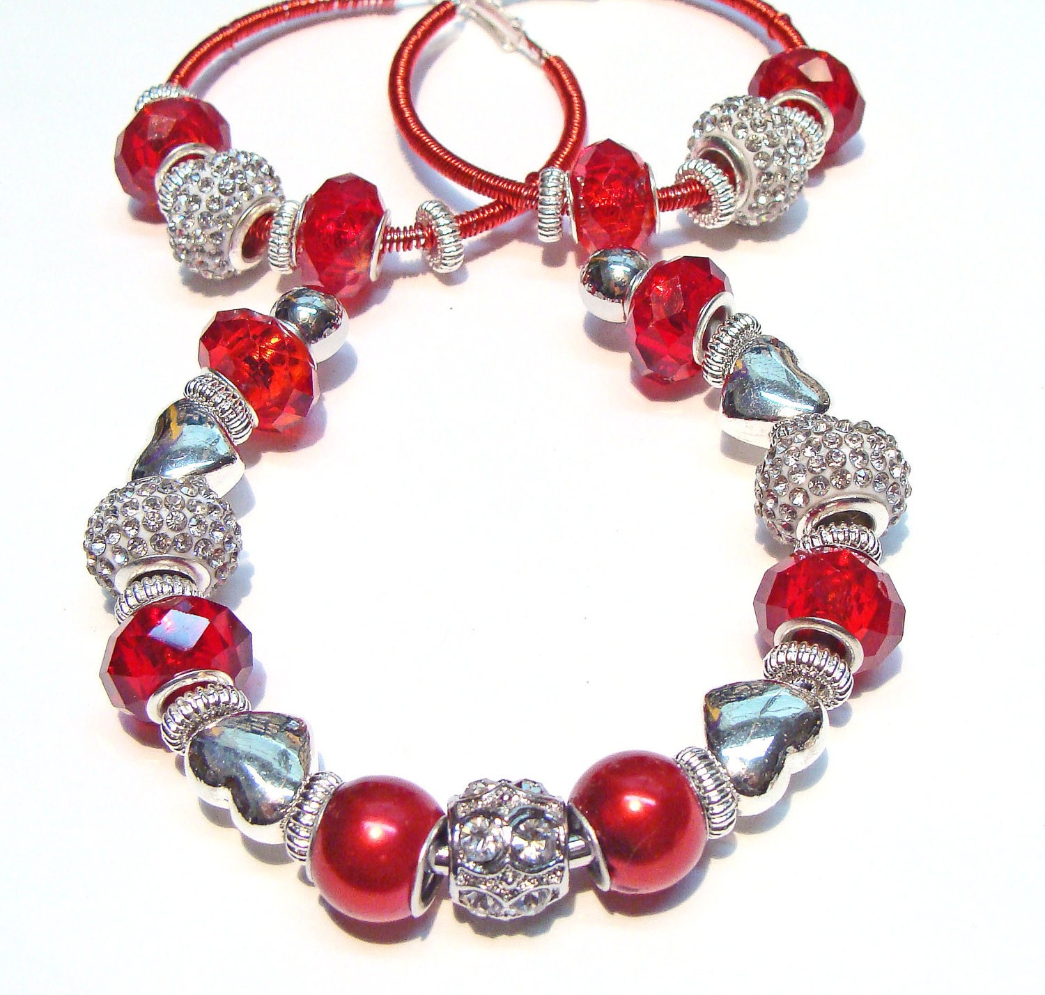 Red Wire Wrapped Hoop Earrings with Crystals and European Large Hole Beads