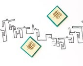 Post teal earrings - square earrings, neon jewelry, burned designs