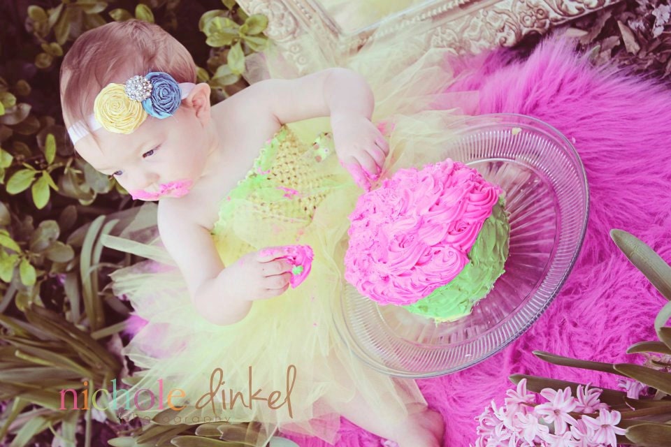 Flower Baby Headband with Rhinestone Button - Fabric Flowers - Children Spring - Yellow & Teal Rosette Headband with Rhinestone Button