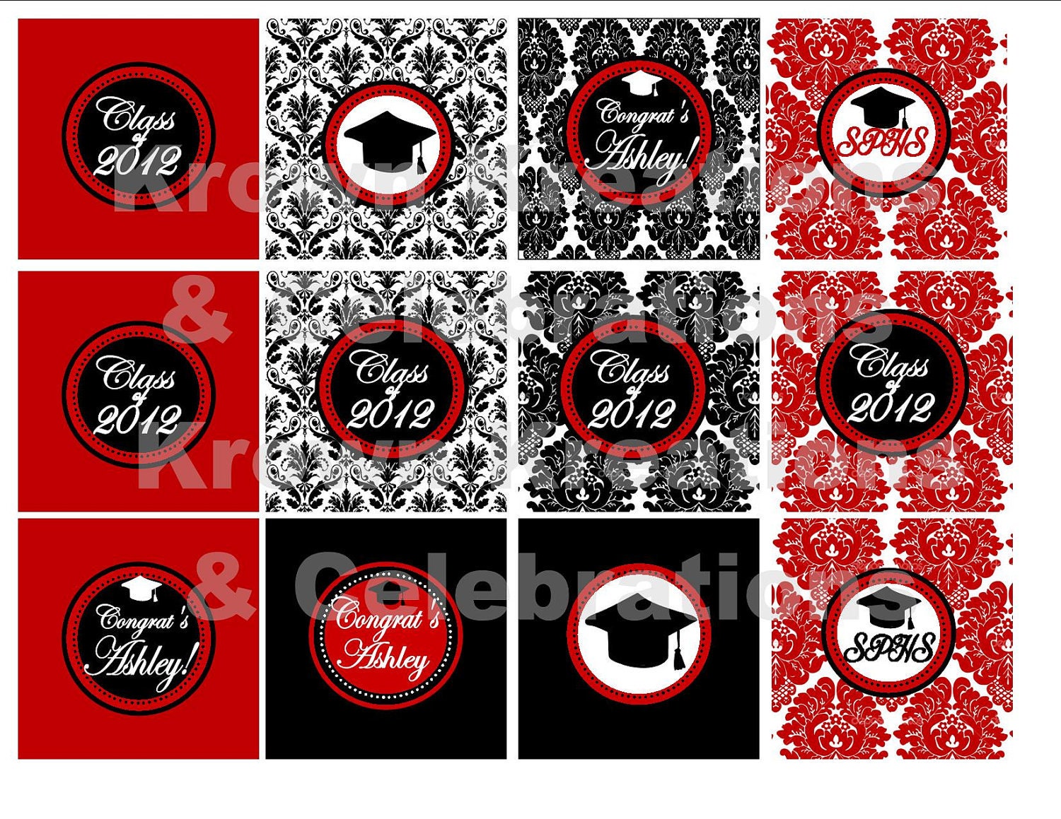 Graduation CUPCAKE TOPPERS or Favor Tags in Damask and Can change Color for Girls and Woman Party- Krown Kreations Il_570xn