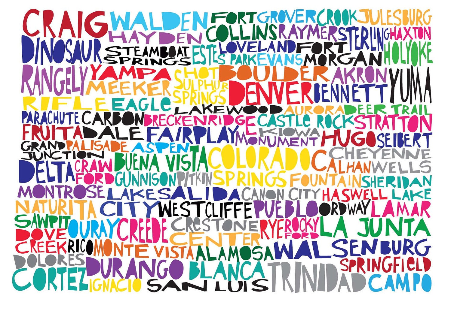 COLORADO Digital Illustration Print of Colorado State with Cities Listed