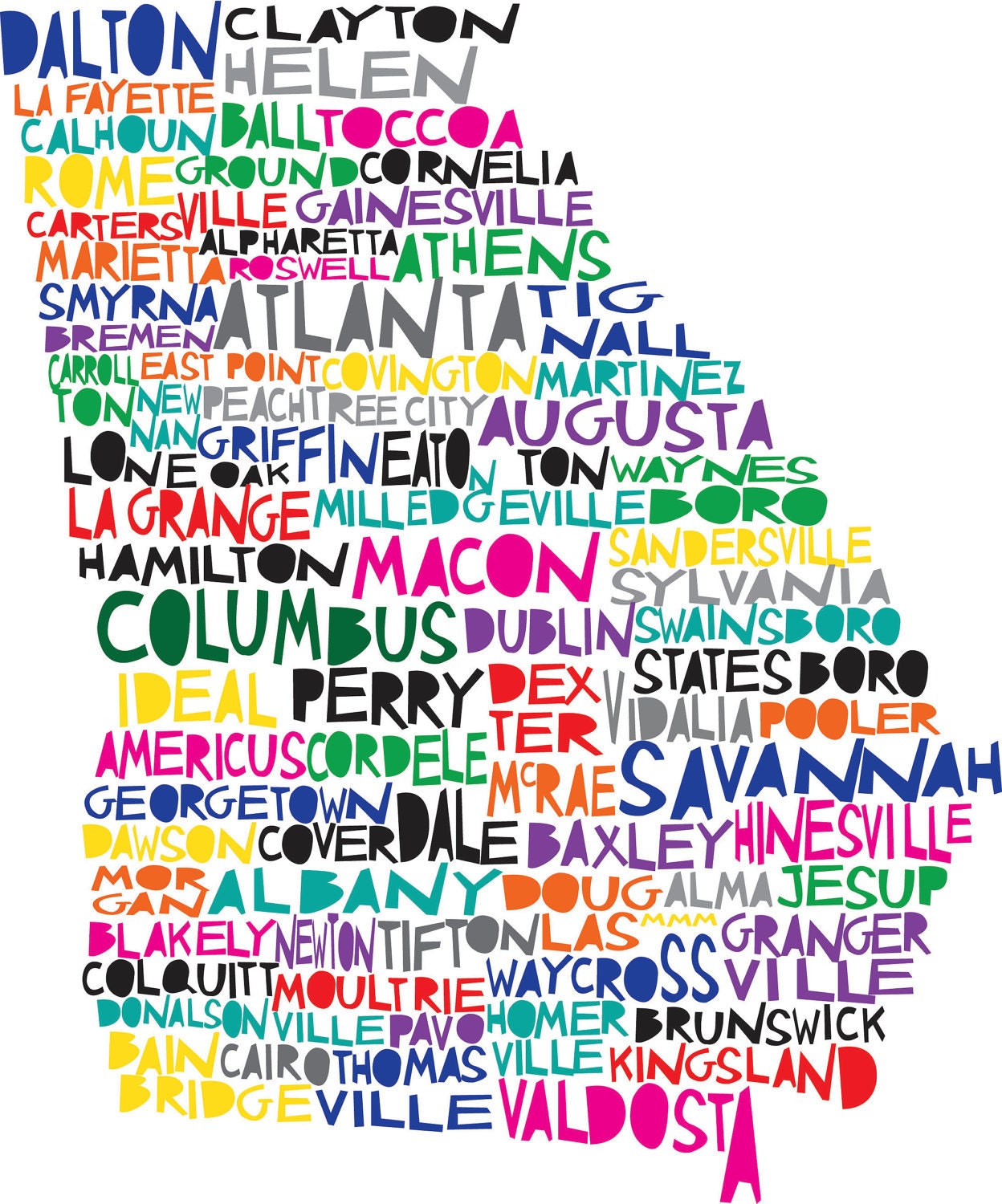 GEORGIA Digital Illustration Print of Georgia State with Cities Listed