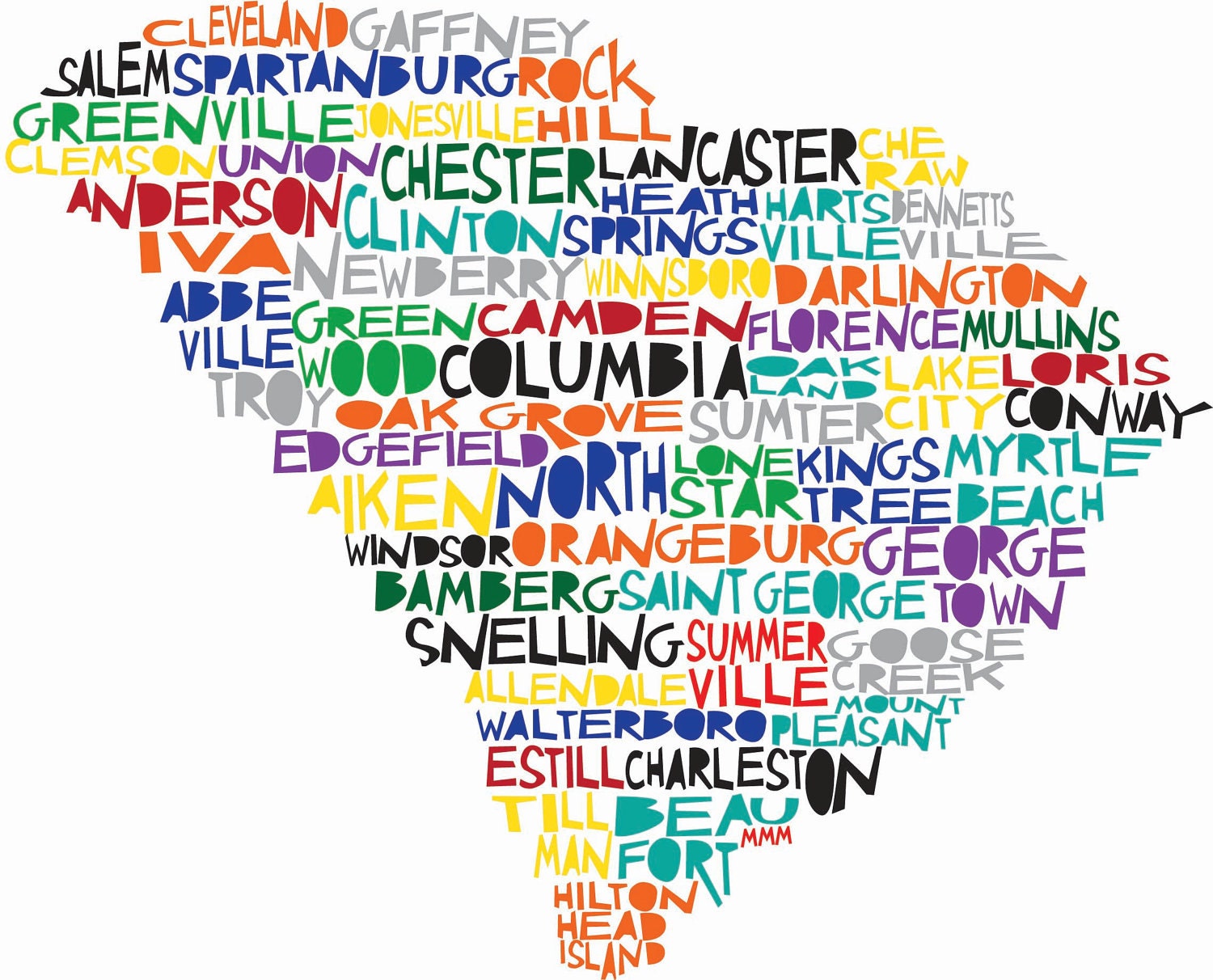 SOUTH CAROLINA State Print Digital illustration with Cities Listed - Charlotte Myrtle Beach