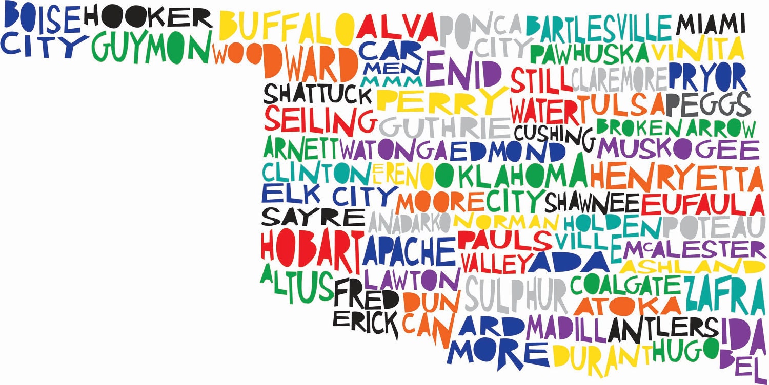 OKLAHOMA State Digital Illustration Print with Oklahoma City Tulsa Muskogee