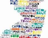 NEW JERSEY State Digital Illustration with Trenton Newark Ocean City Jersey City