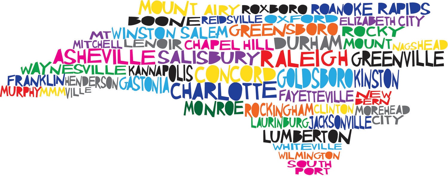 NORTH CAROLINA Digital Illustration of North Carolina State with Cities