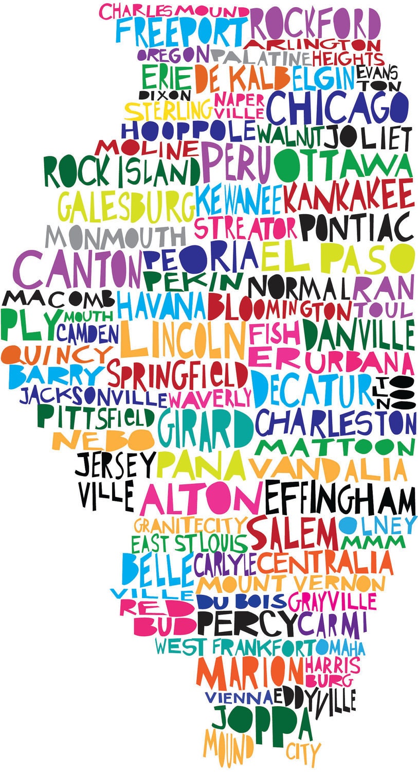 Large ILLINOIS 11x17 - Digital illustration Print of Illinois with Cities Shown Chicago
