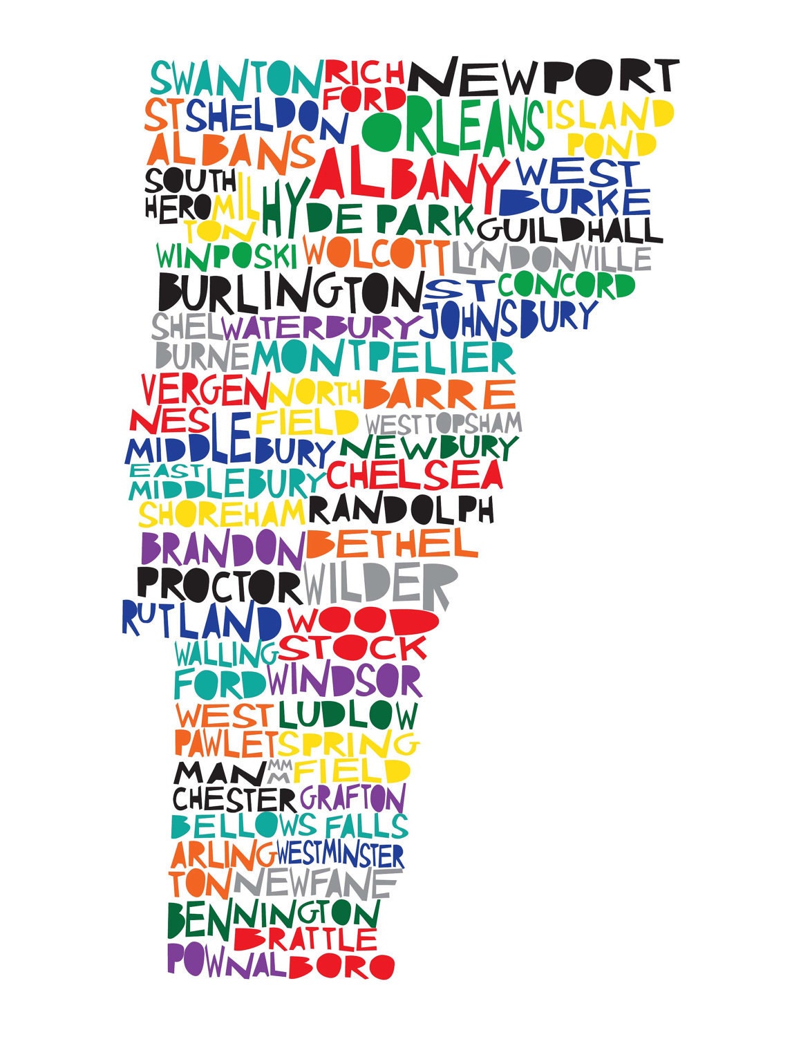 VERMONT Digital Illustration Print with Cities Listed Montpelier Burlington