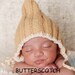 ON SALE Knit Munchkin Elf Fairy Pixie Babies Childrens Hat - Butterscotch - Has Detachable Flower - Baby Photo Prop or Gift