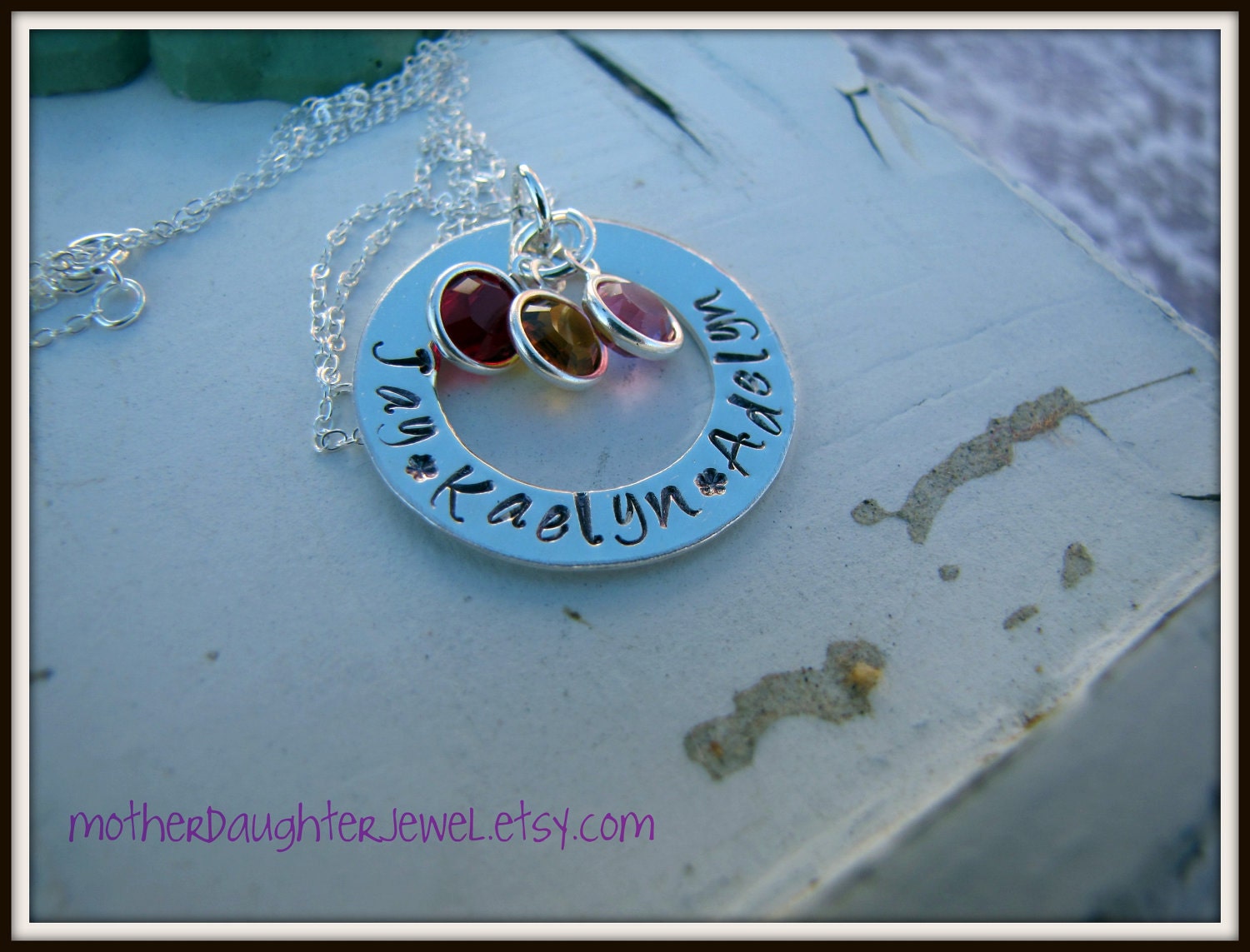 Personalized Jewelry - Hand Stamped Mommy Necklace - Washer Necklace Open Circle - Mommy Sterling Silver with Birthstone Drop