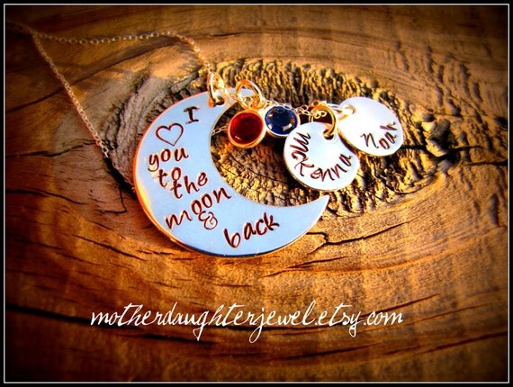Mothers Day Gift Personalized Necklace - Hand Stamped Mommy - "I Love You To The Moon & Back" - Half / Crescent Moon