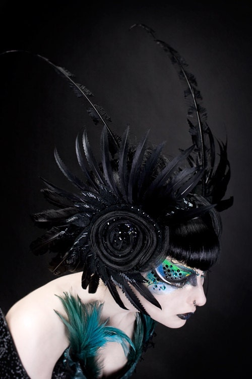 Feather, crystal,  beaded headpiece.
