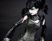Steel boned Corset made with snakeskin faux leather leatherette fabric, embroidered, Swarovski crystals and feather corset