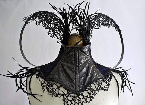 Black feather, Steel Boned, 'Lizard Skin', Neck Corset with Blue/Black fabric