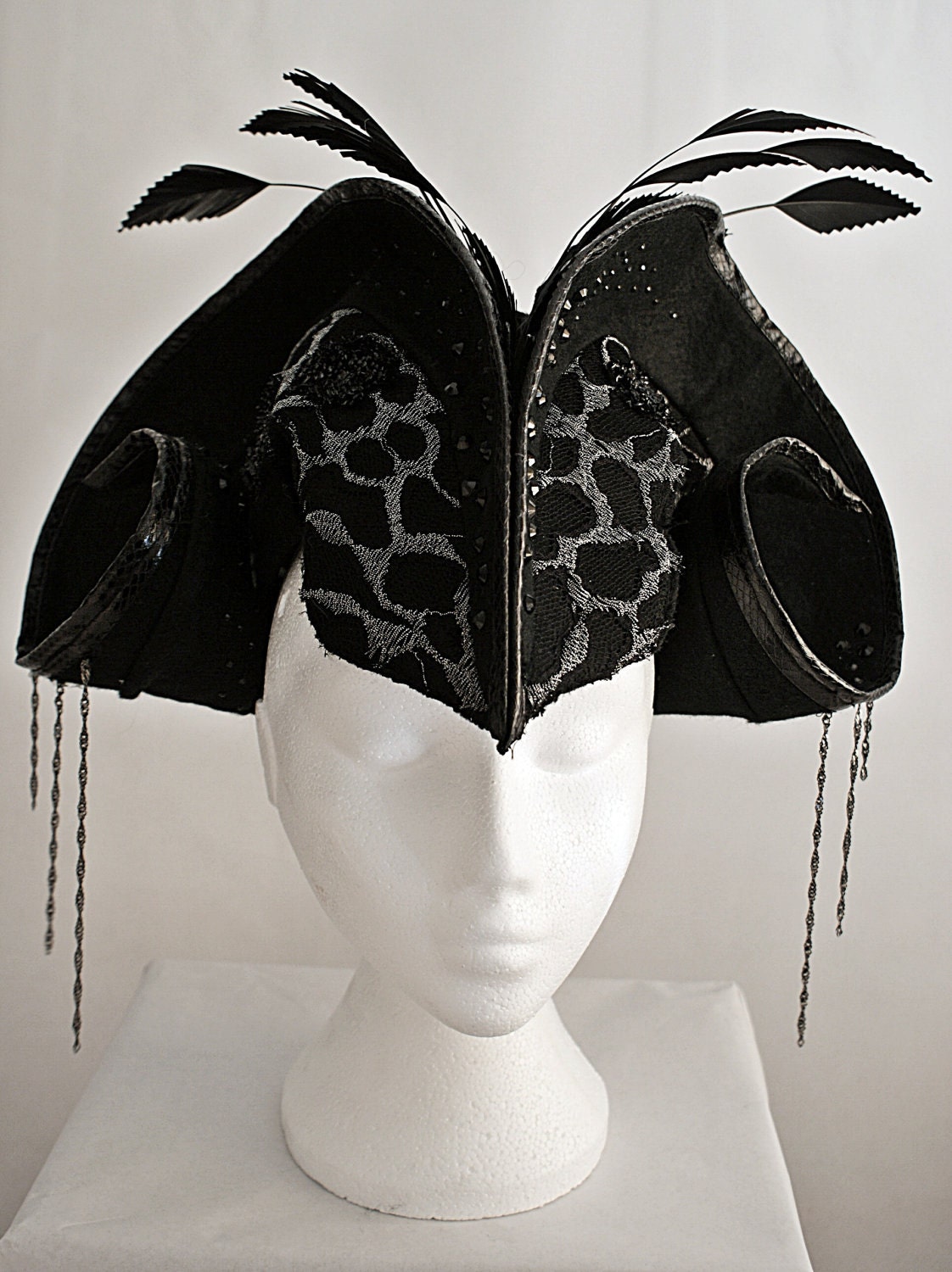 Feather, crystal, embroidered ram horn headpiece