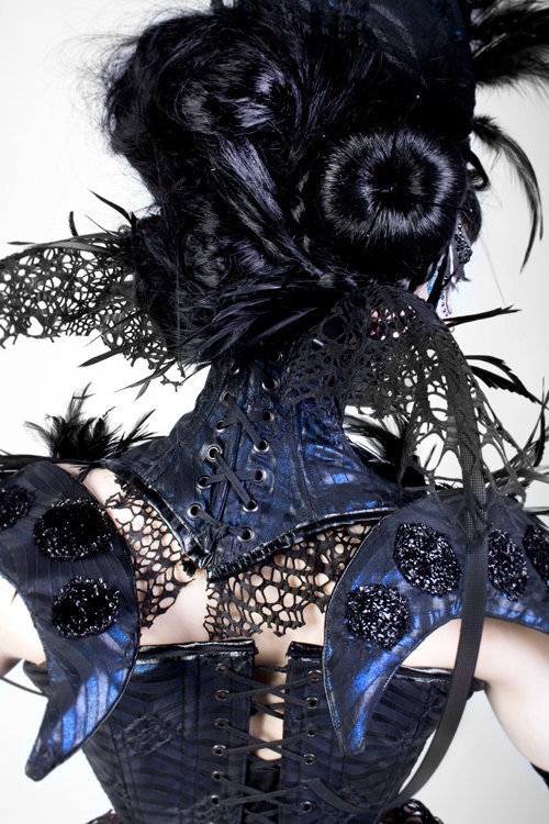 Black feather, Steel Boned, 'Lizard Skin', Neck Corset with Blue/Black fabric
