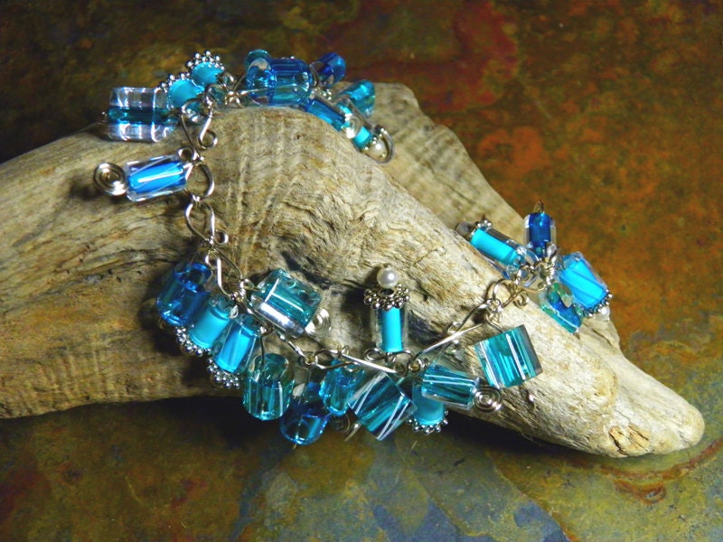 Clear blue cane glass & sterling silver wire wrapped bangle bracelet