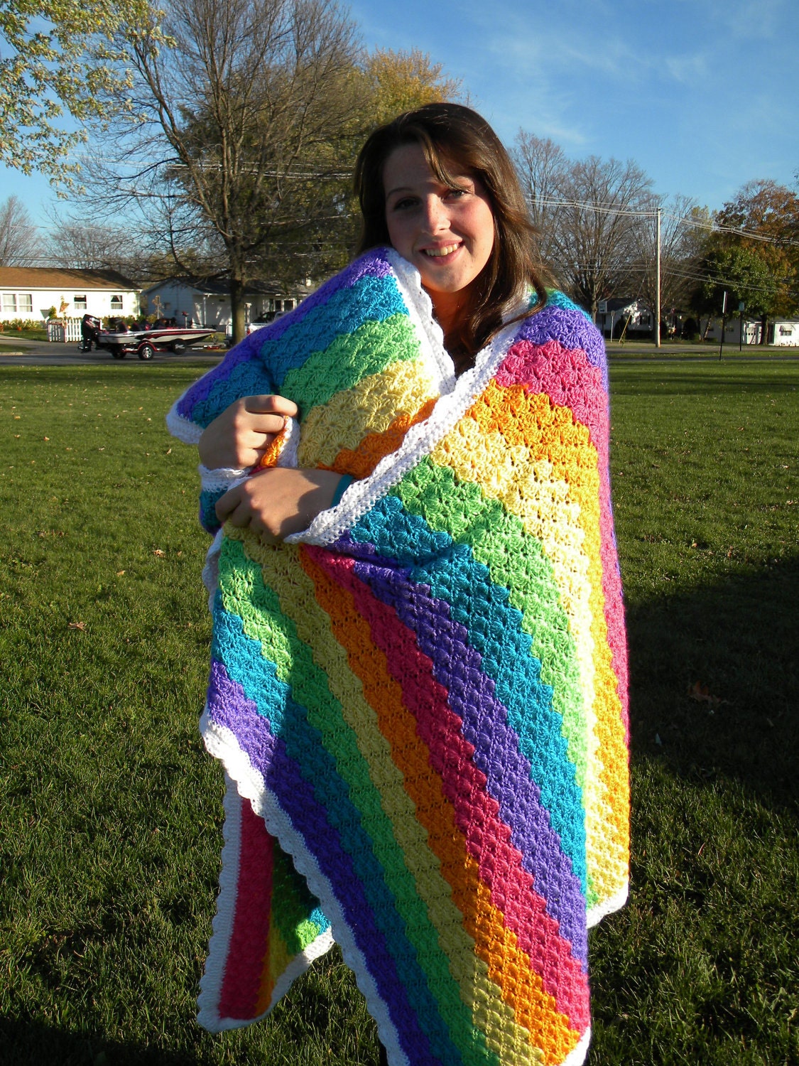 Brilliant Rainbow Crocheted Afghan and Pillow Set - ON SALE - Shells and Stripes - Rainbow Sherbet - Machine Washable - Ready to Ship