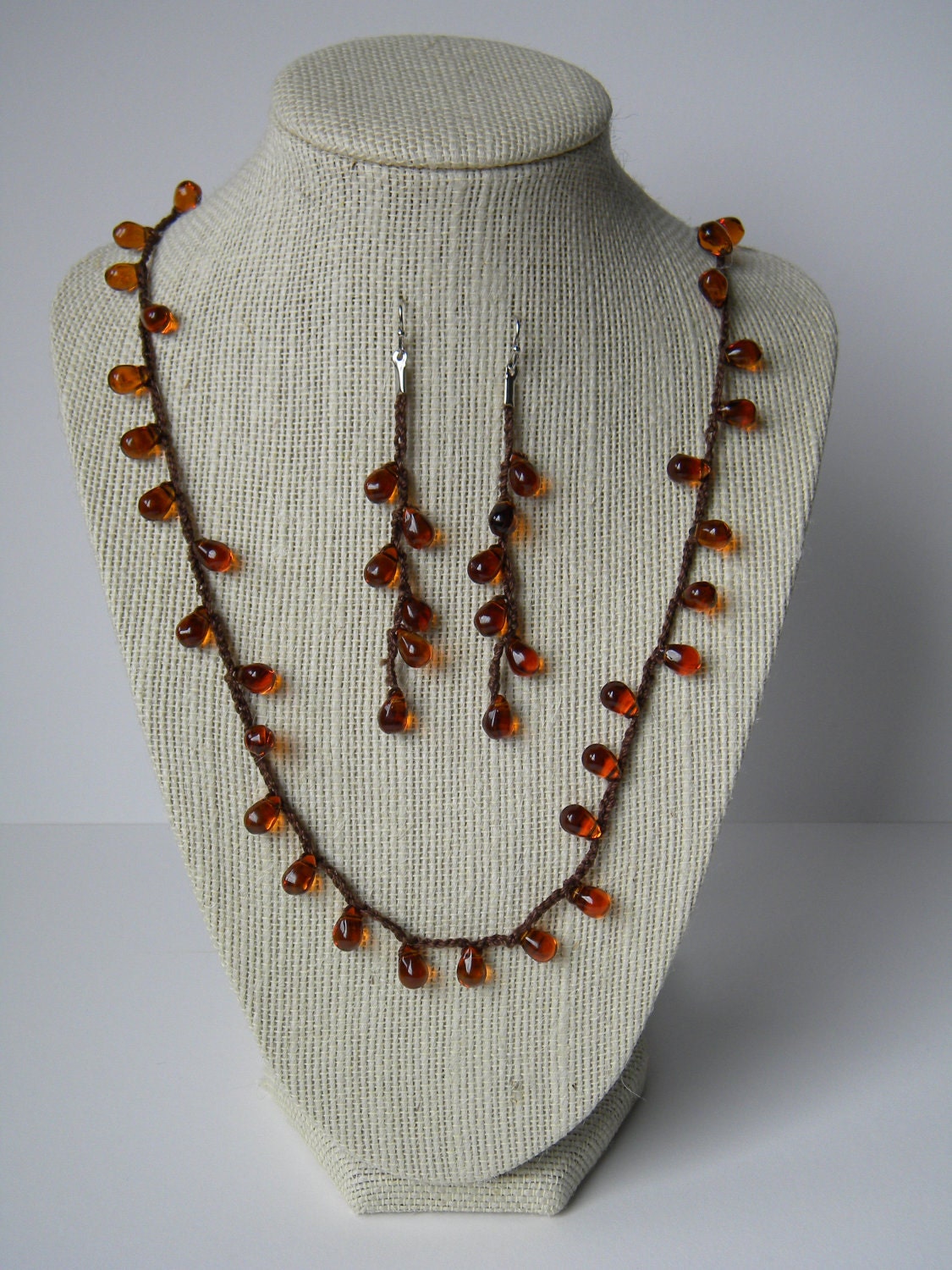 Chocolate Brown Crocheted Wrap Bracelet / Necklace and Earrings Set - Amber Glass Teardrop Beads - Dressy or Casual - Ready to Ship