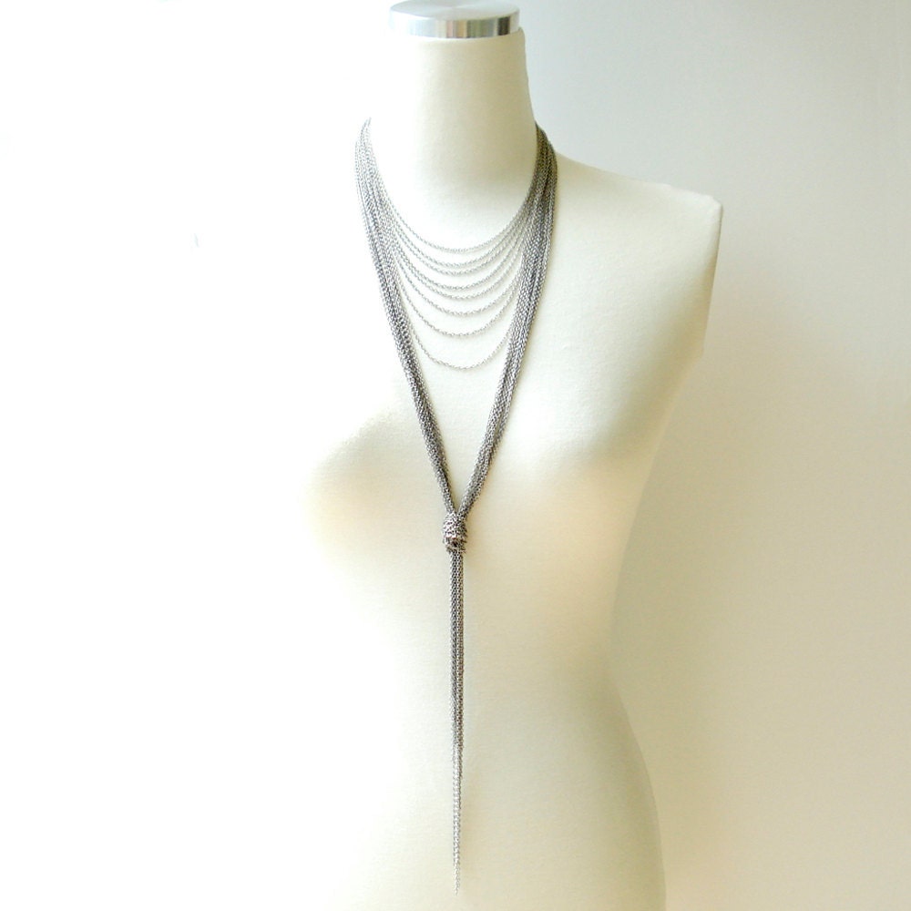 Anniversary SALE - Multi Strand Oxidized Silver Chain Long Necklace - StudioHx3