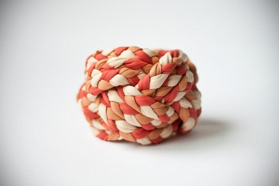 OOAK orange, light beige & camel turk head knot, vintage, woven fabric bracelet