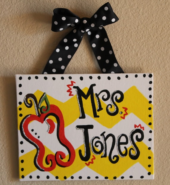 Teacher's Personalized Sign or Gift with yellow chevron, apple, and polka dot pattern