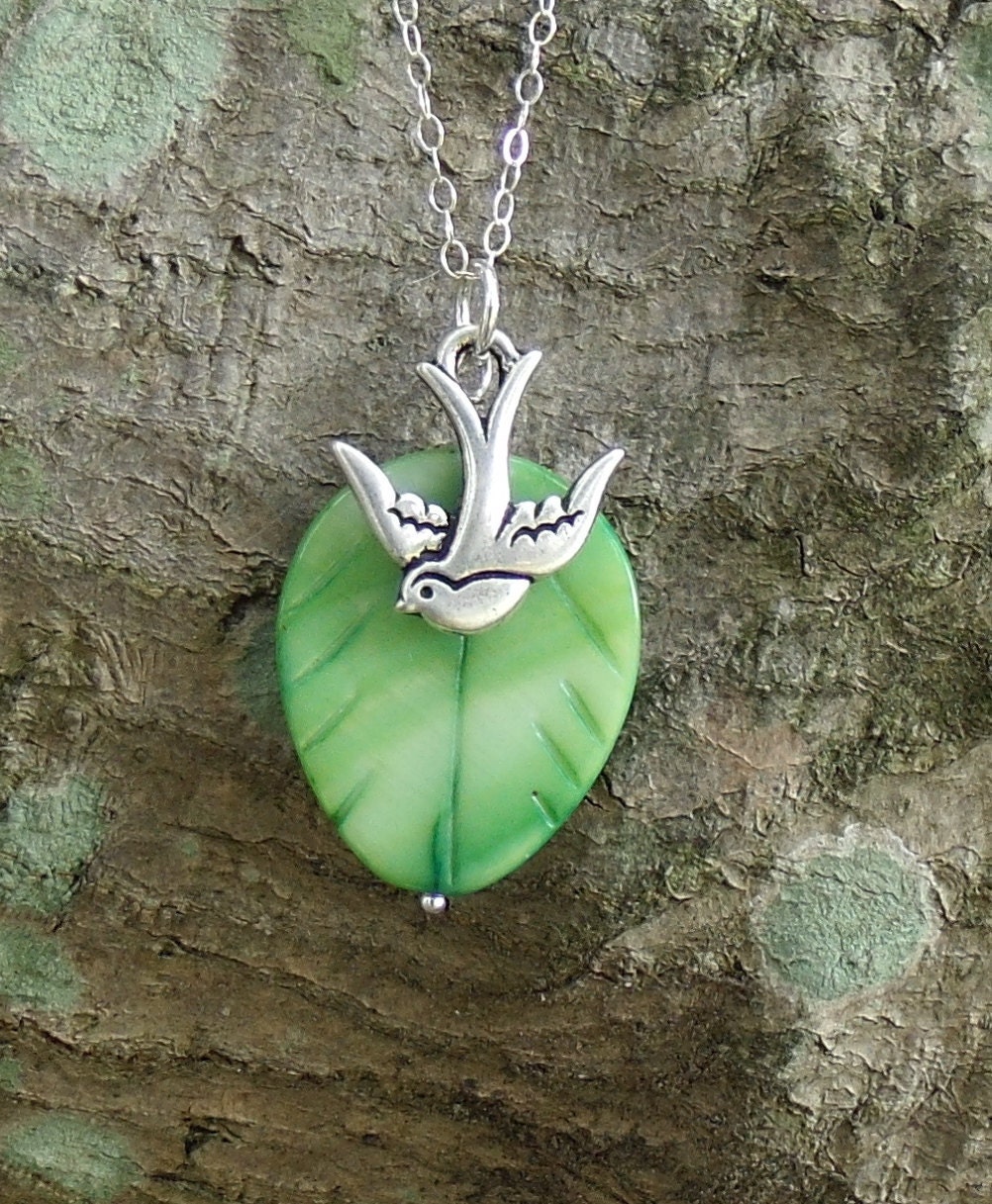 Leaf Necklace with Swallow, Green Mother of Pearl and Silver Necklace, 18"