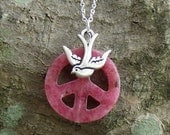 Pink Peace Necklace with Swallow and Pink Jade Peace Symbol.  Silver Necklace 18"