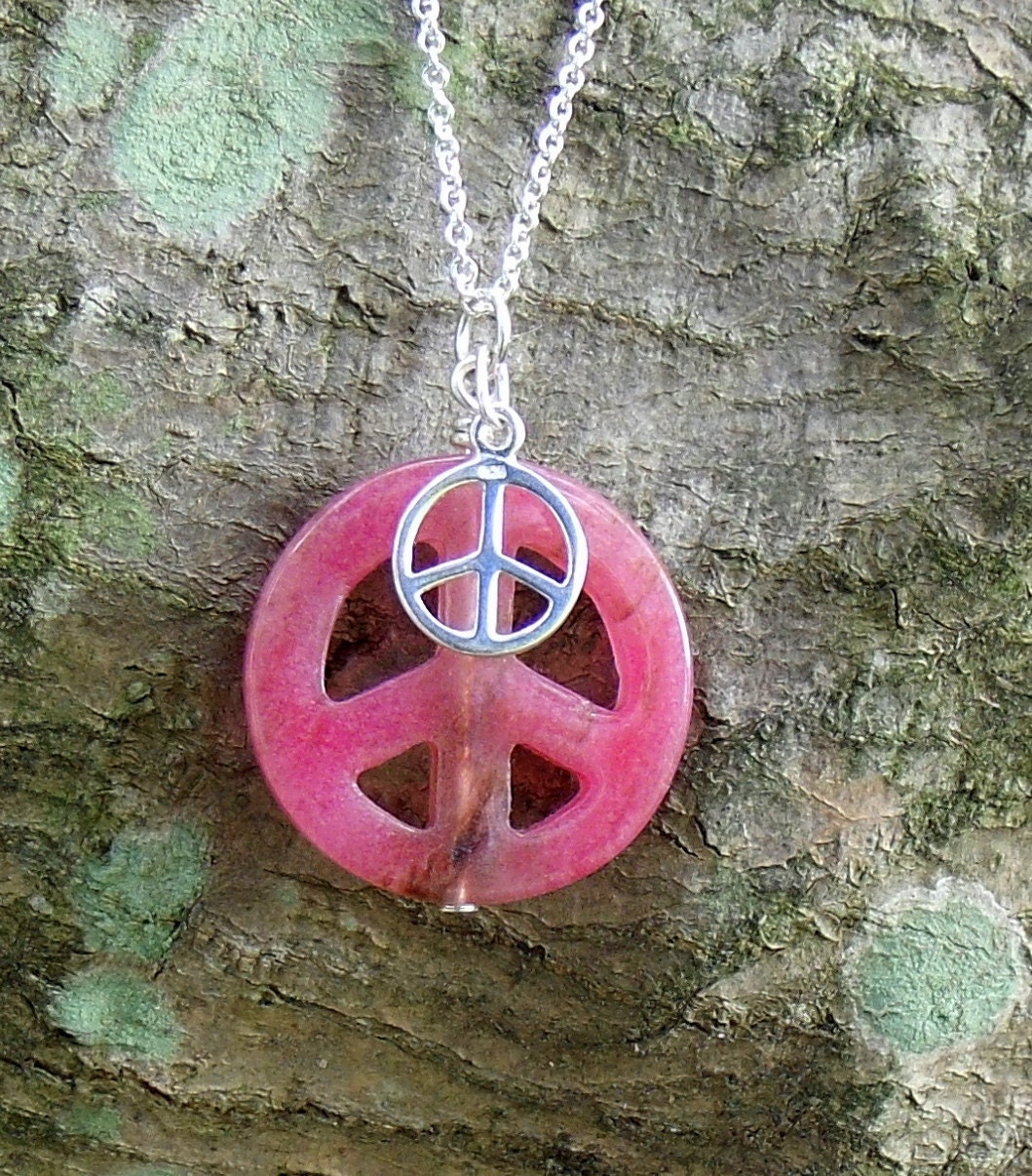 Peace Sign Necklace, Pink Jade and Sterling Silver Necklace 18"