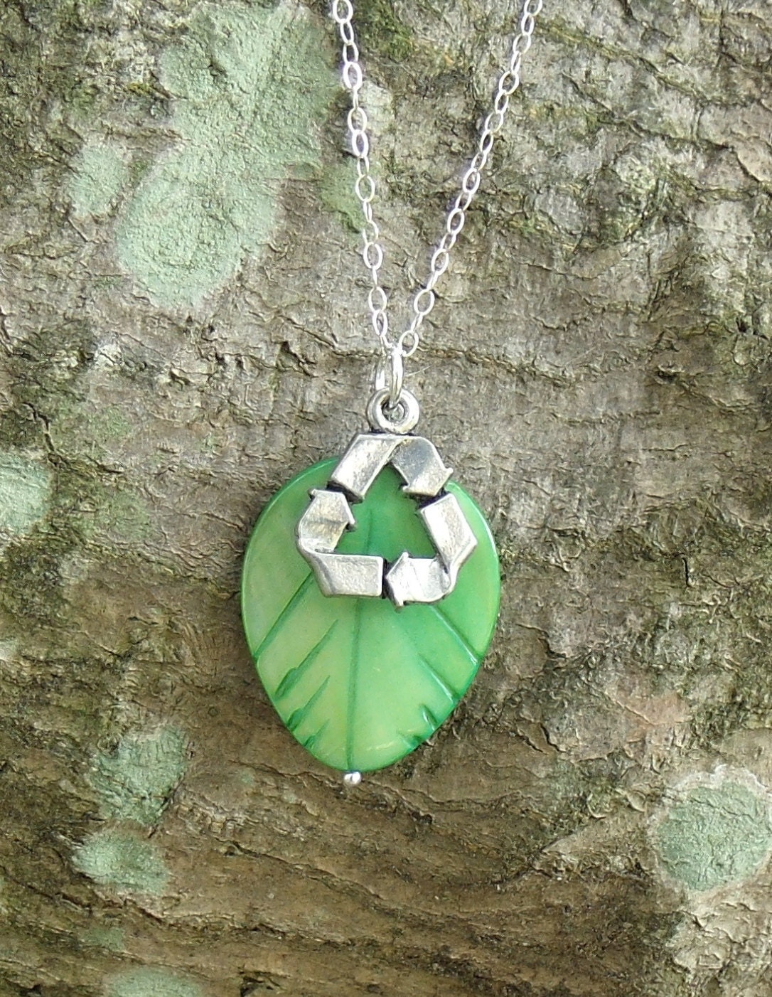 Recycle Necklace with Leaf, Green Mother of Pearl Leaf with Pewter Recycle Symbol Charm