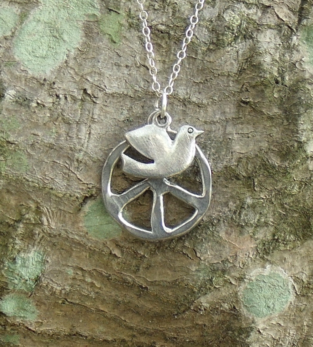 Dove Peace Necklace, Pewter Dove and Peace Symbol on Sterling Silver Chain 18"