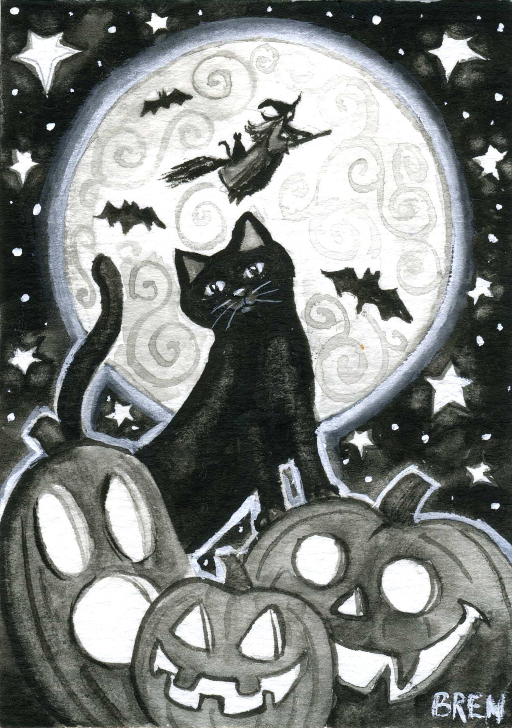 Halloween Night - 5x7 print - by Brenna White - black cat witch moon stars pumpkins jack-o-lanterns