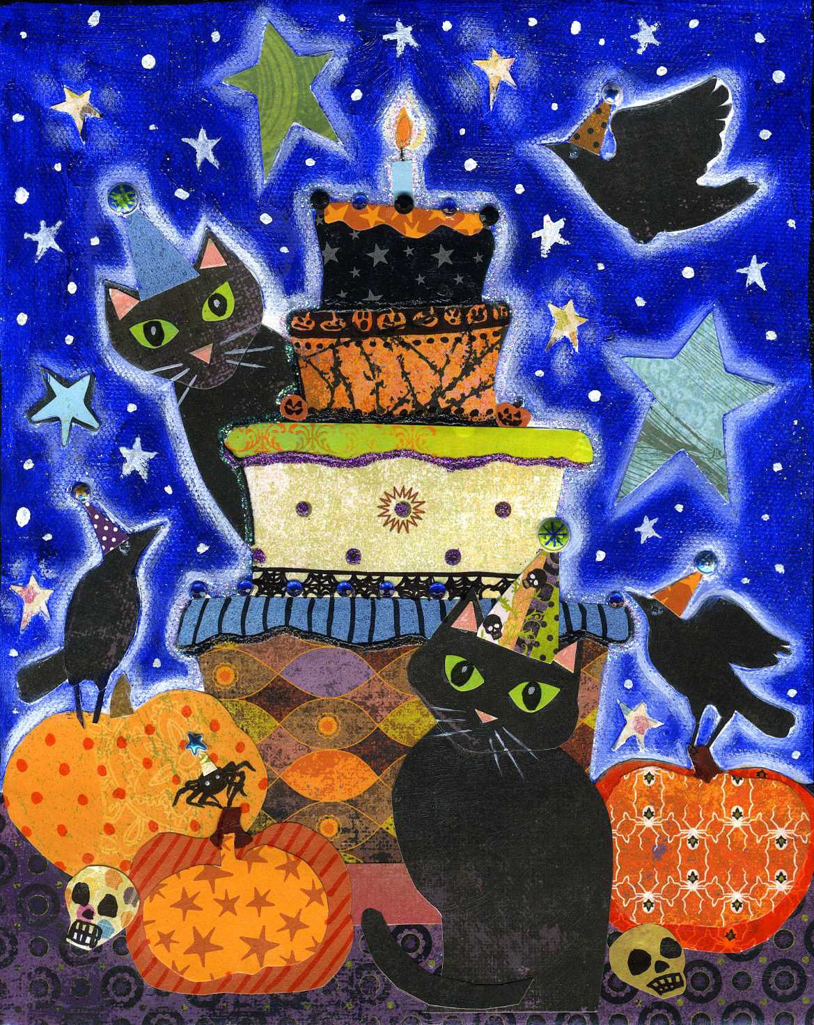 Halloween Party - 8x10 Colorful Whimsical Black Cat Raven Pumpkin Moon Star Print