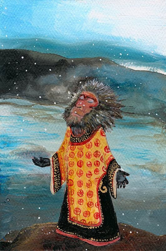 First Snow, macaque, monkey, japanese, winter, snow, Buddhist, meditation, monkey card